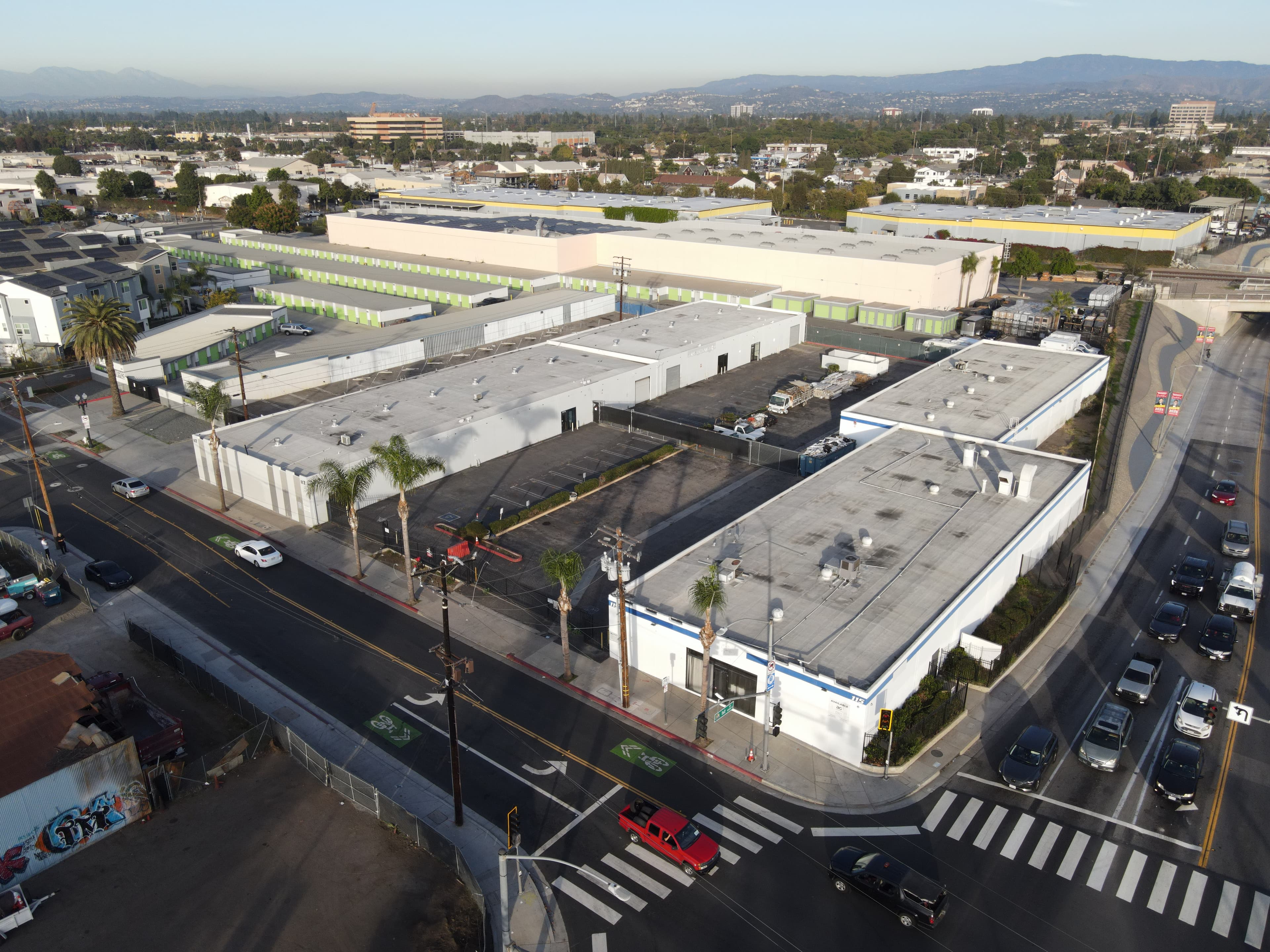 Aerial view of the Next Package distribution facility in Santa Ana, California